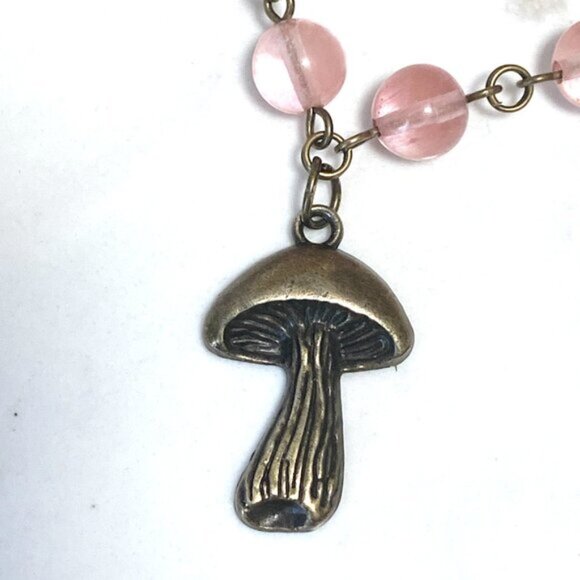 Cute Cherry Quartz Bronze Slim Mushroom Pendant Adjustable Choker - Picture 4 of 16